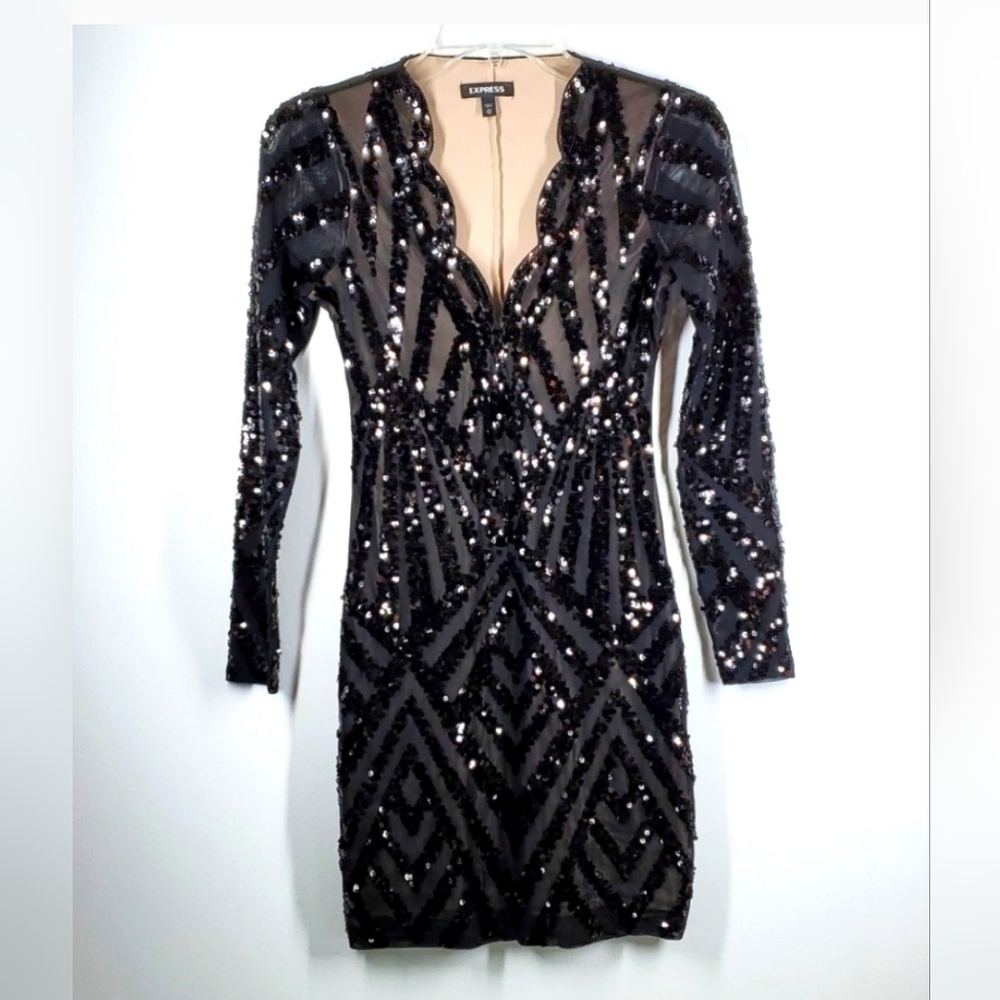 EXPRESS Black Shear Sequin Dress Scallop V Neckline Long Shear Sleeves XS